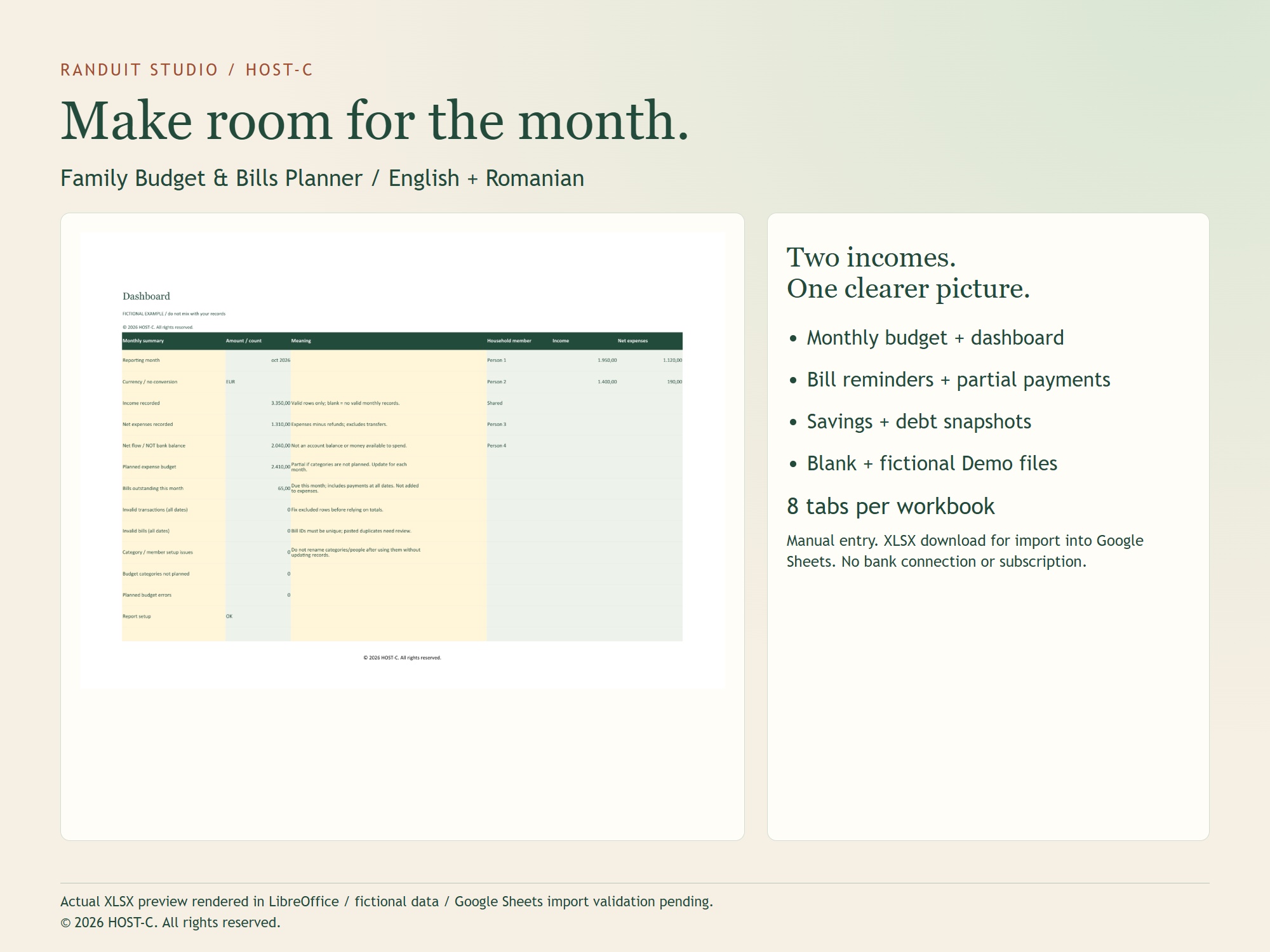 Fictional monthly dashboard from the Family Budget and Bills Planner