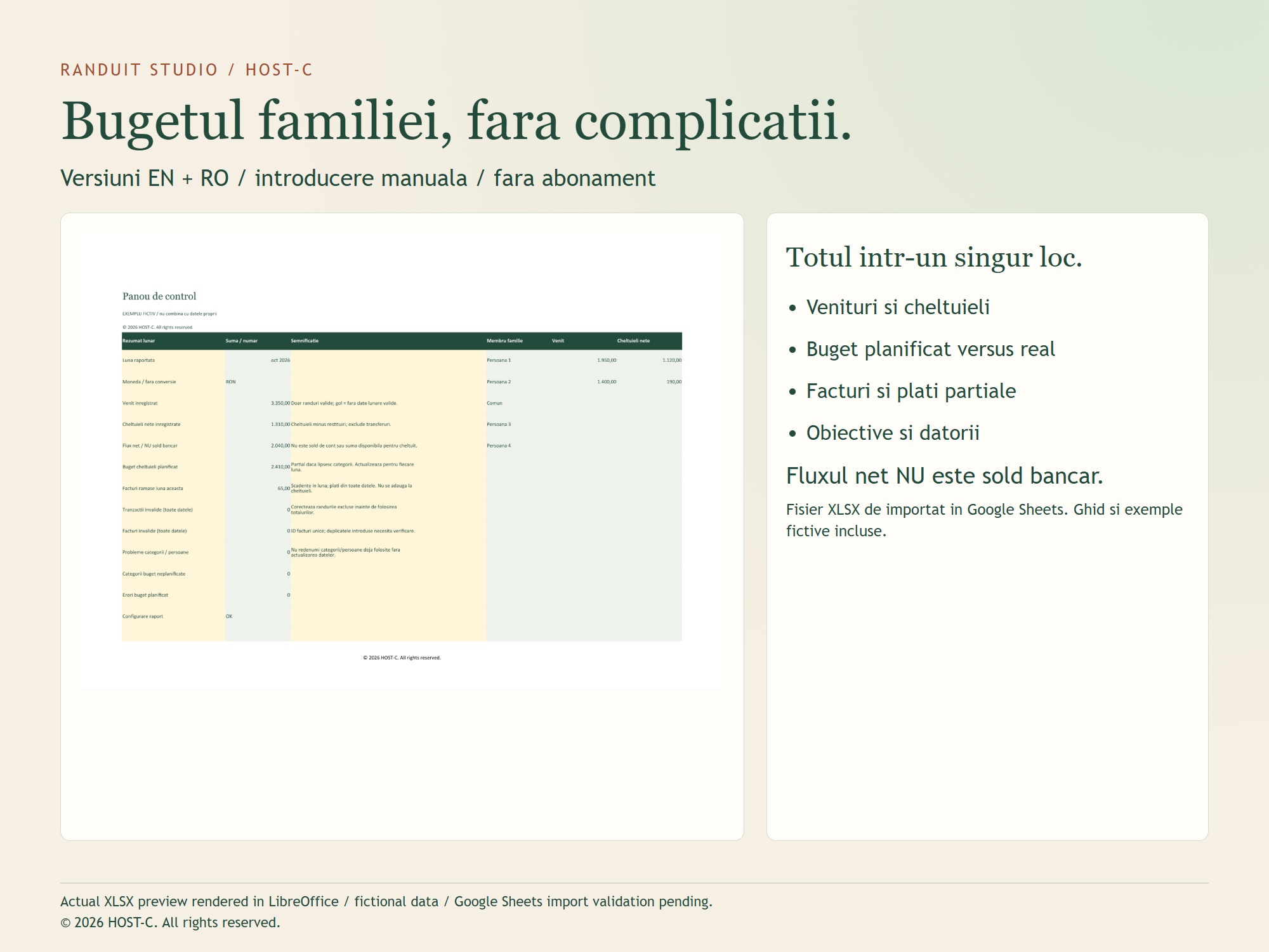 Bugetul familiei și calendarul facturilor / exemplu fictiv
