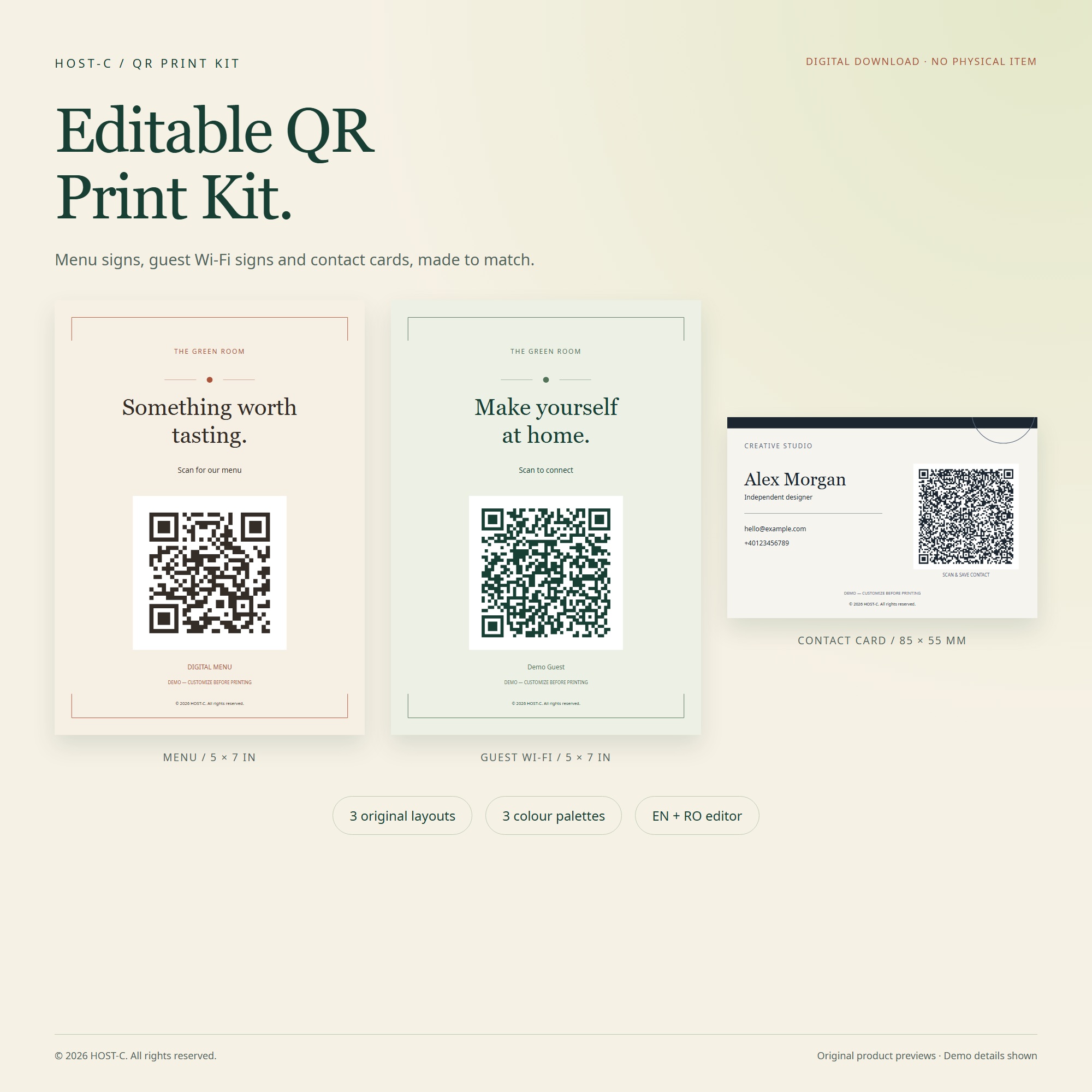 Editable menu QR sign, guest Wi-Fi sign and contact card